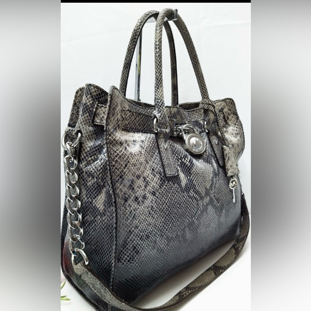 Michael Kors Ombré Hamilton Gray Leather Snakeskin Embossed Satchel Shoulder Bag - Picture 10 of 11